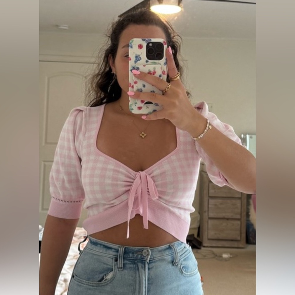 REVOLVE Pink Checkered Crop Top